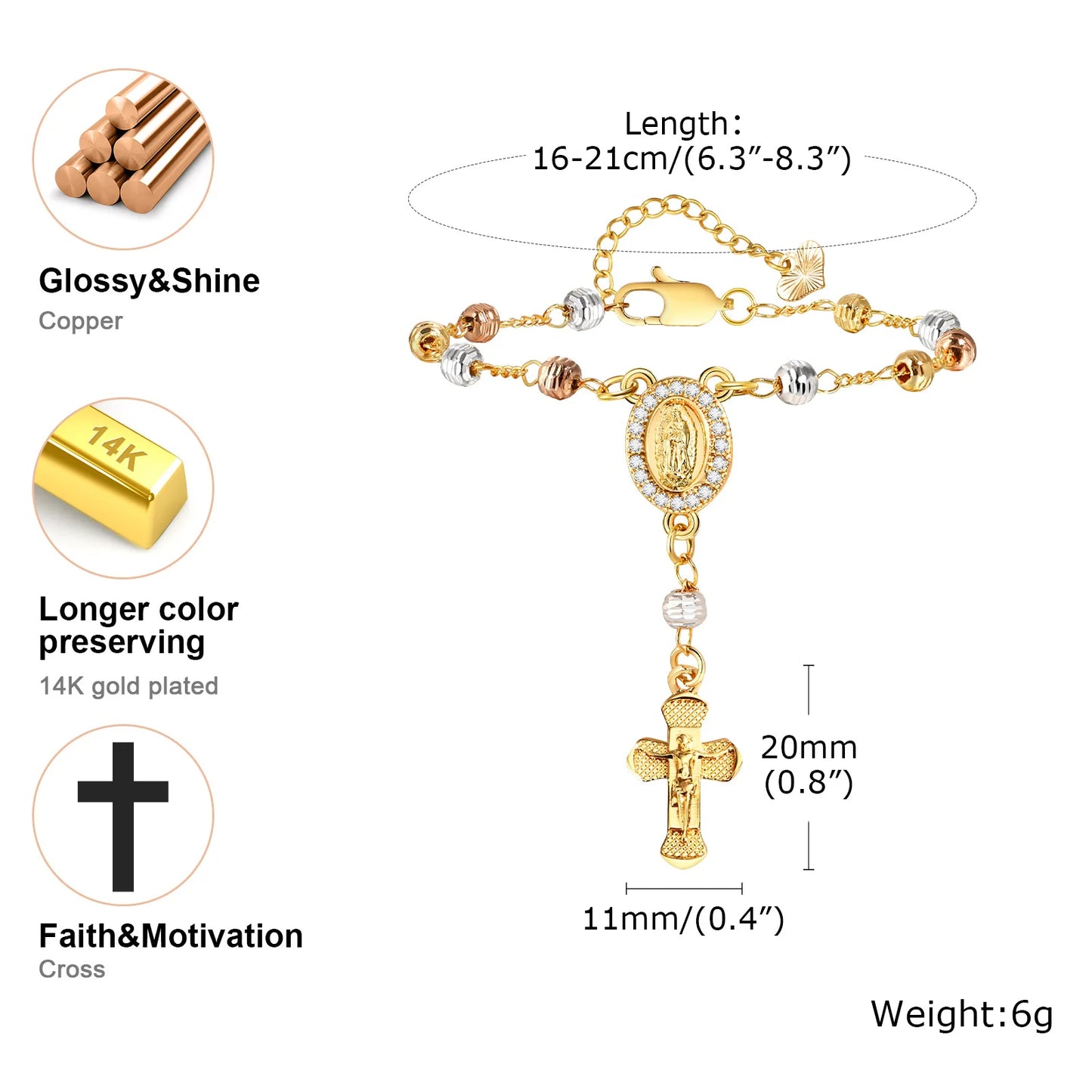 Tri-Color Rosary Cross Bead Charm Bracelet